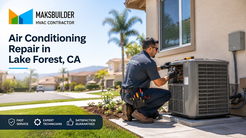 Technician repairing an outdoor AC unit during Lake Forest air conditioning service