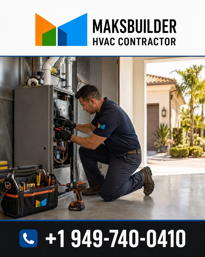 Gas furnace repair technician servicing a heating system in an Orange County home