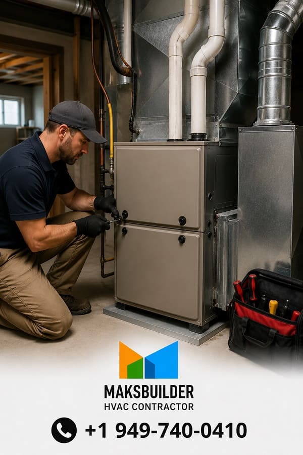 Technician inspecting a gas furnace before replacement in an Orange County home