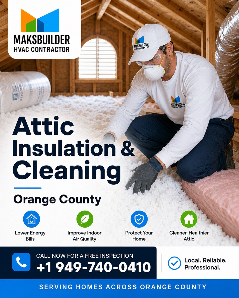 Attic insulation and cleaning service in Orange County by MaksBuilder