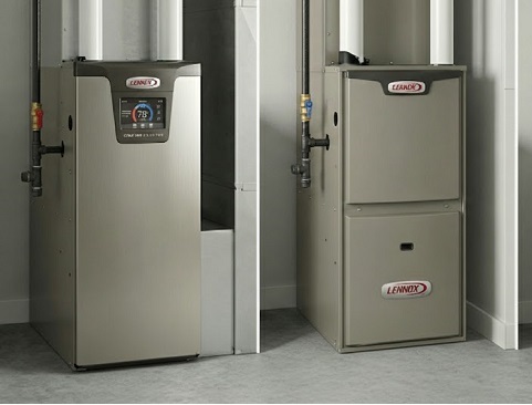 Two Lennox residential furnace cabinets installed side by side