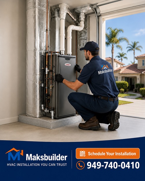 MaksBuilder technician inspecting a Lennox furnace in a residential garage