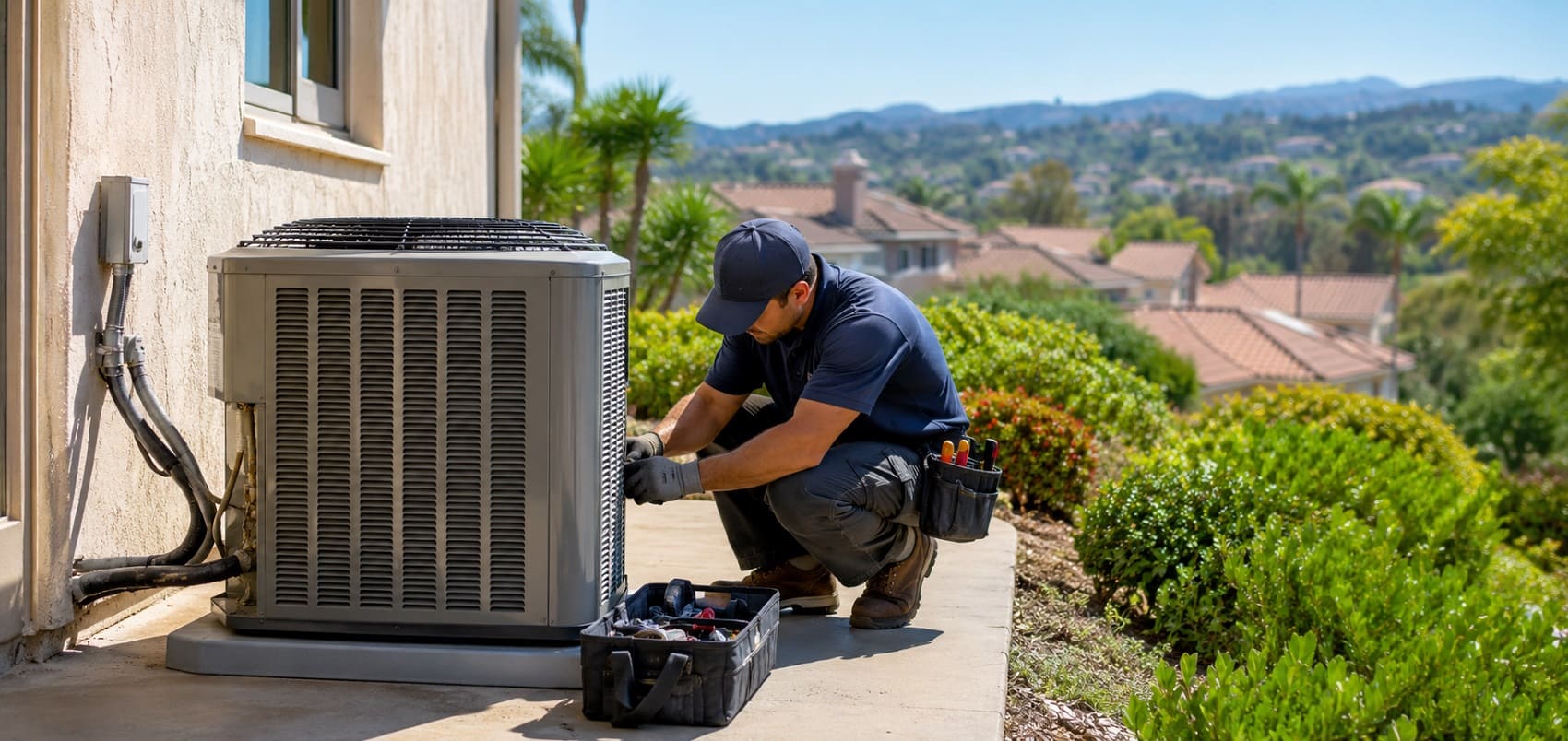HVAC technician servicing residential air conditioning equipment in Lake Forest, California