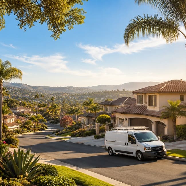 Residential street with houses, trees, and a parked white van