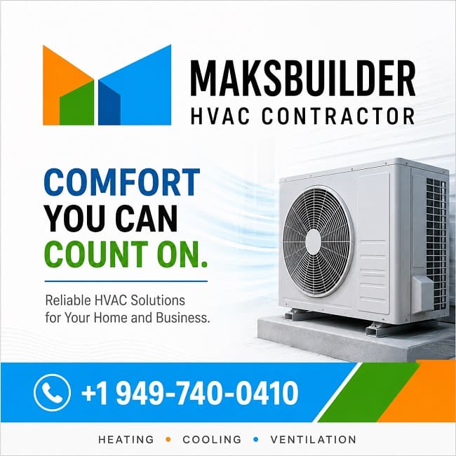 MaksBuilder HVAC contractor graphic with an outdoor heating and cooling unit and the phone number +1 949-740-0410