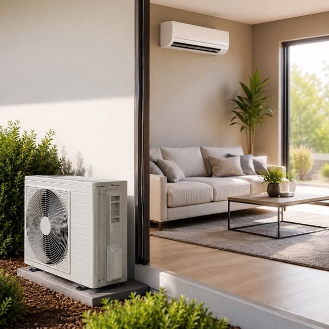 Ductless heat pump outdoor unit and wall-mounted indoor unit at a modern home