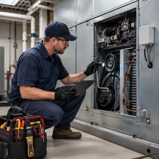 Commercial HVAC technician inspecting belt-driven HVAC equipment
