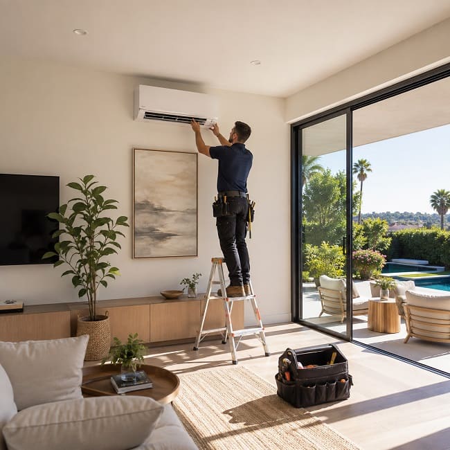 HVAC technician working on a wall-mounted ductless mini-split