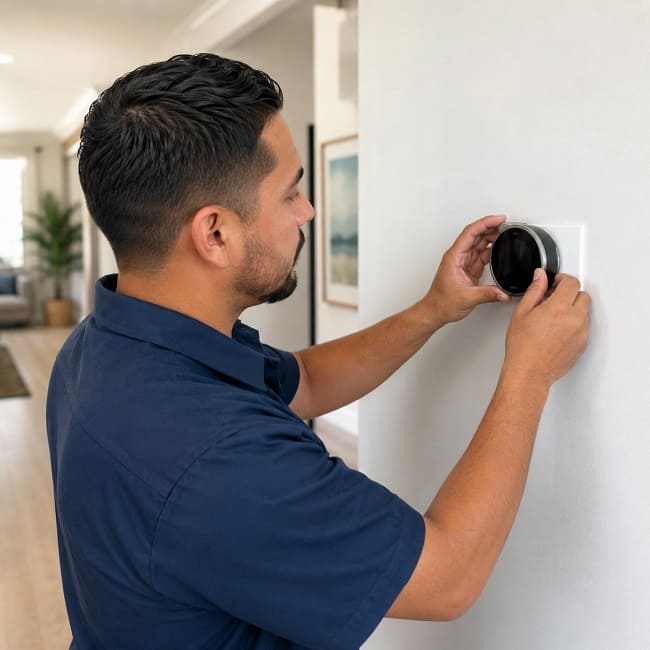 Residential HVAC technician installing a wall thermostat in Orange County, California