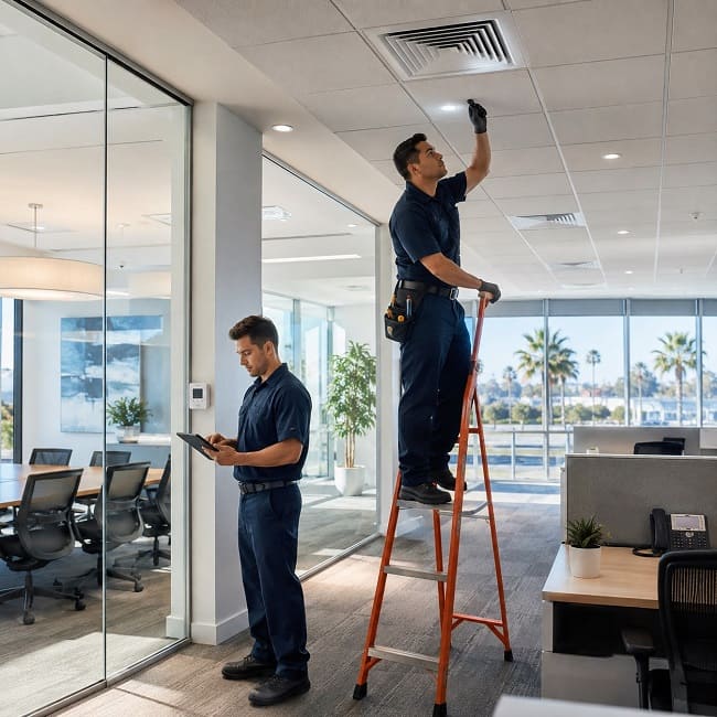 Technician servicing HVAC air distribution in an office building