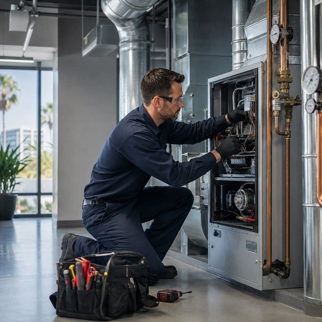 Technician servicing commercial heating equipment in Orange County