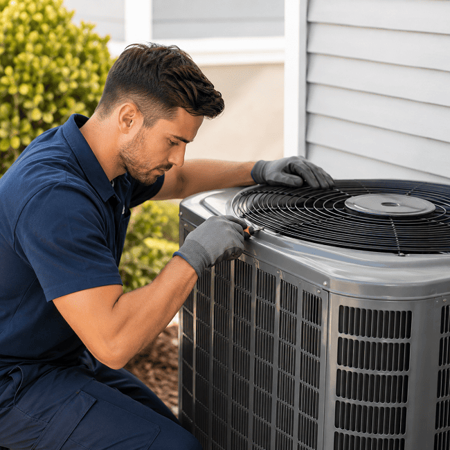HVAC technician inspecting an outdoor air conditioning unit