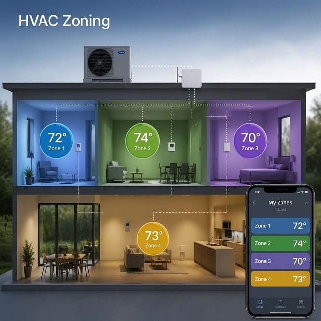 HVAC zoning illustration showing four independently controlled temperature areas in a two-story home