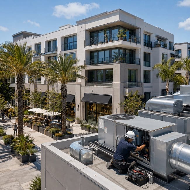 HVAC technician servicing rooftop equipment at a mixed-use property in Orange County