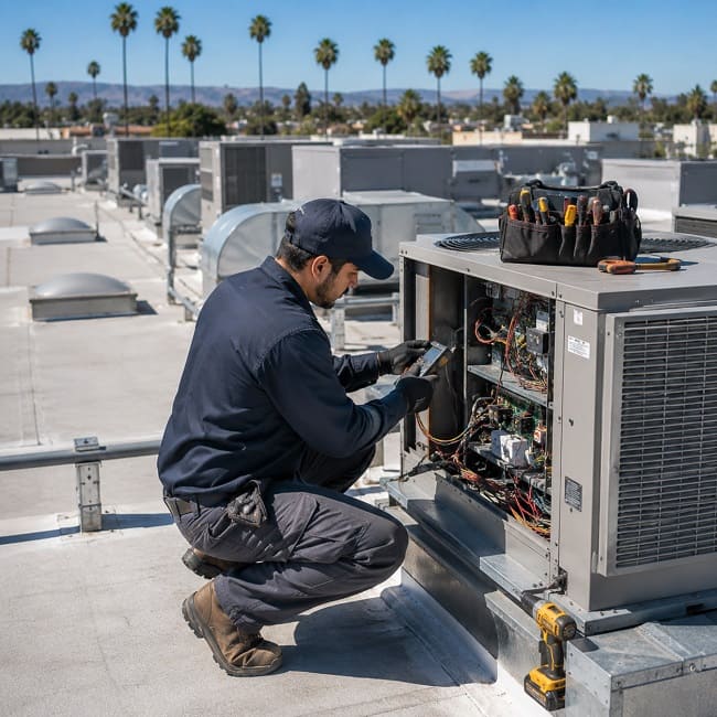 Commercial rooftop HVAC unit being serviced in Orange County