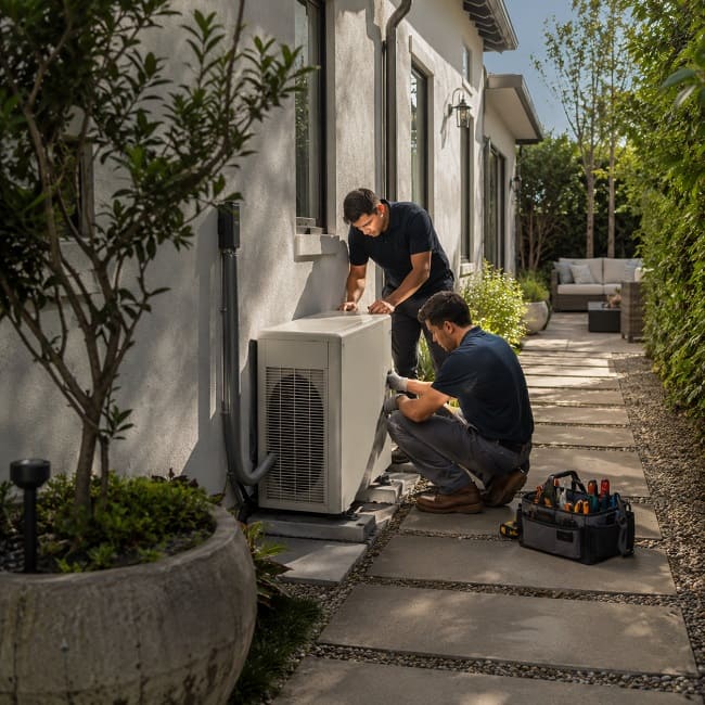 HVAC technicians installing a compact side-discharge heat pump beside a home