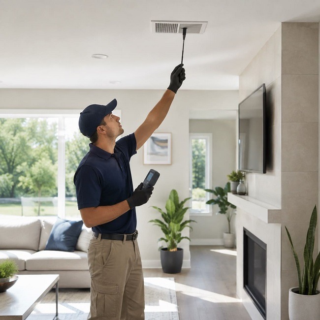 HVAC technician inspecting a ceiling air vent in a home